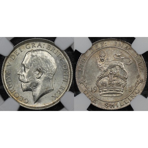 148 - 1913 Shilling, NGC MS62, George V. Obv. Bare head facing left, Rev. Lion passant on crown dividing d... 