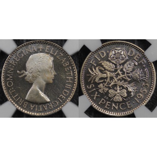 75 - 1953 Proof sixpence, NGC PF65 Cameo, Elizabeth II. A charming example, cameo designated coins always... 