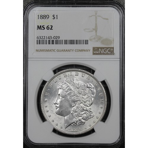 335 - USA, NGC MS62, 1889 Morgan Dollar. Philadelphia mint. Lustrous, aUNC. [KM#110]... 