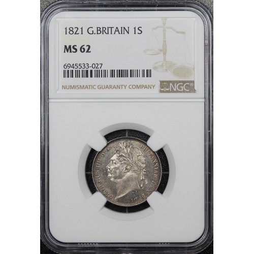 105 - 1821 Shilling, NGC MS62, George IV. Laureate bust, reverse with ornate crowned garnished shield. A b... 