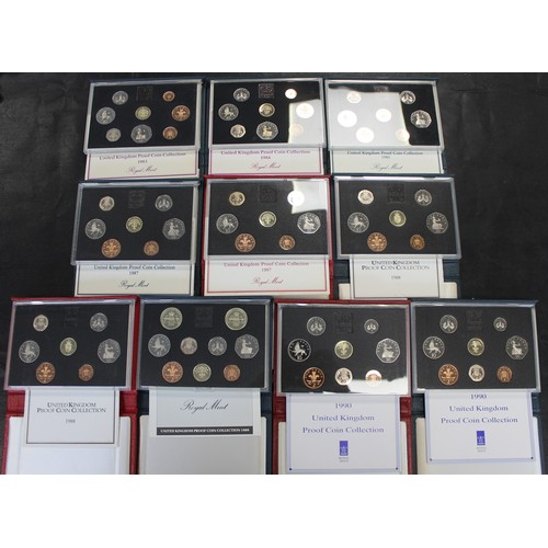 279 - Royal Mint proof sets (10) comprising 1983, 1984, 1985, 1987 (2, blue and red cases), 1988 (2, blue ... 