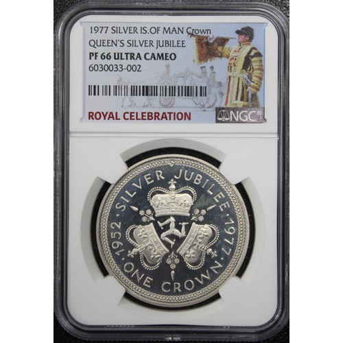 308 - NGC PF66 Ultra Cameo Isle of Man 1977 Silver proof crown, Elizabeth II. Struck to commemorate the Si... 