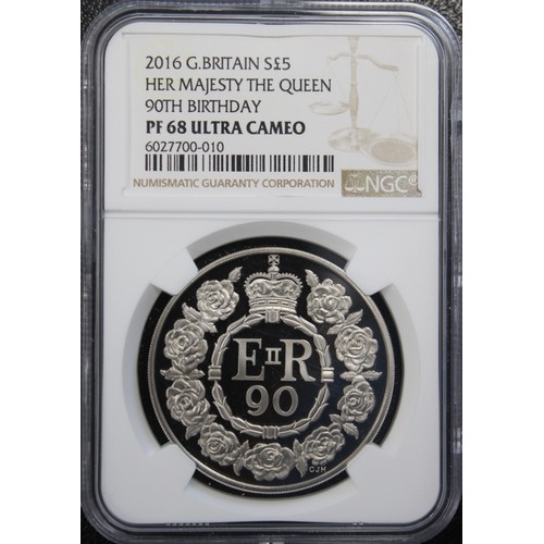 248 - NGC PF68 Ultra Cameo 2016 £5 coin, Elizabeth II. Struck to commemorate Her 90th Birthday. nFDC. *** ... 