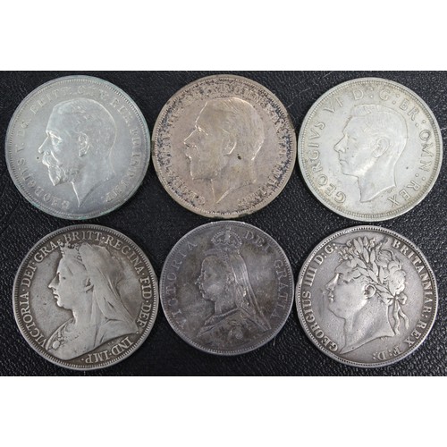 219 - Crowns & double florin (6) comprising crowns dated 1821, 1896 (LX, wide spaced date), 1935 (2) a... 