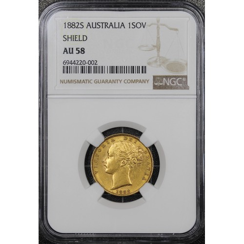 209 - Australia, 1882-S Sovereign, NGC AU58, Victoria young head. Sydney mint, shield reverse. Lustrous, s... 