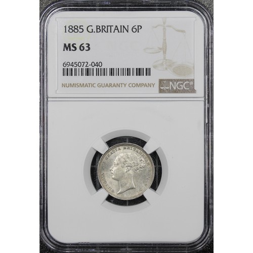 68 - 1885 Sixpence, NGC MS63, Victoria. Obv. third young head, Rev. crowned mark of value. Vibrant and lu... 