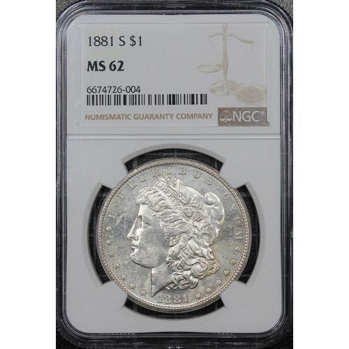 333 - USA, NGC MS62, 1881-S Morgan Dollar. San Francisco mint. Lustrous, the reverse somewhat proof-like. ... 