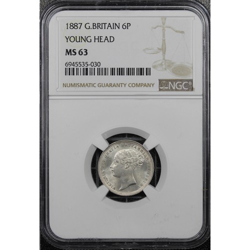 69 - 1887 Sixpence, NGC MS63, Victoria. Obv. third young head, Rev. crowned mark of value. Lustrous and w... 