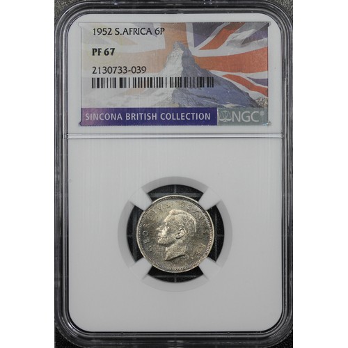 330 - South Africa, NGC PF67 1952 sixpence, Elizabeth II. Mottled toning but with much underlying brillian... 