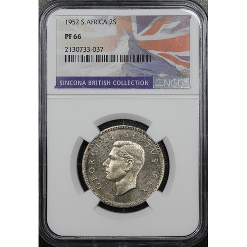 331 - South Africa, NGC PF66 1952 florin or two shillings, Elizabeth II. Mottled toning but with underlyin... 