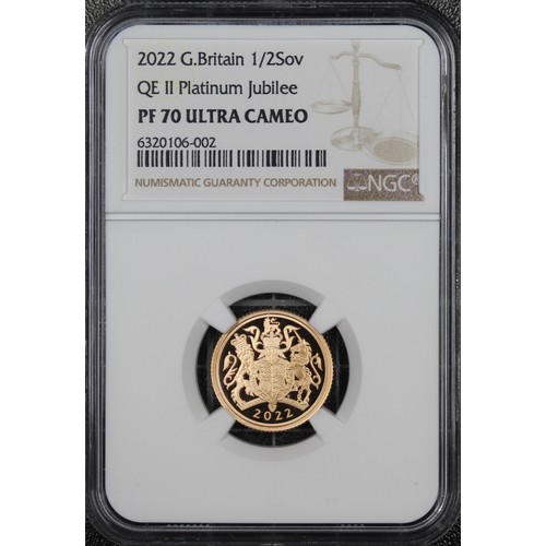 194 - NGC PF70 Ultra Cameo 2022 Proof half sovereign, Elizabeth II. Platinum Jubilee special reverse desig... 