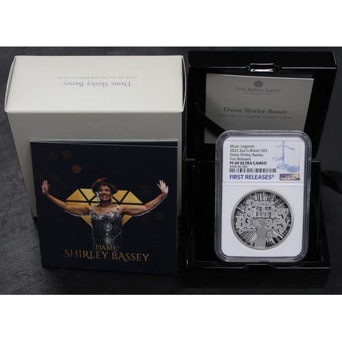 233 - NGC PF69 Ultra Cameo 2023 Dame Shirley Bassey 2oz silver proof £5, Charles III. Part of the Music Le... 