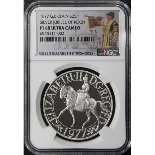 290 - NGC PF68 Ultra Cameo 1977 Silver proof crown, Elizabeth II. Struck to commemorate the silver Jubilee... 