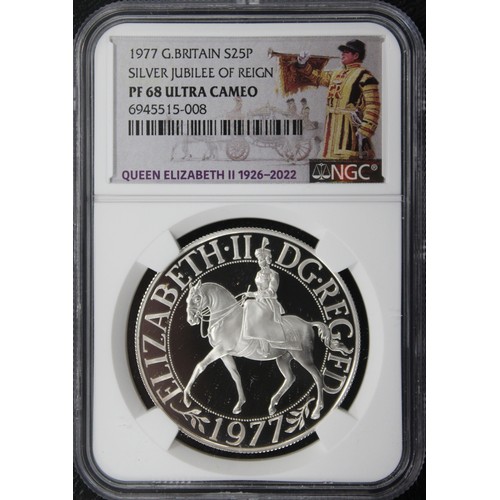 291 - NGC PF68 Ultra Cameo 1977 Silver proof crown, Elizabeth II. Struck to commemorate the silver Jubilee... 