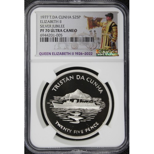 316 - Solo Finest NGC PF70 Ultra Cameo Tristan Da Cunha 1977 Silver proof crown, Elizabeth II. Struck to c... 