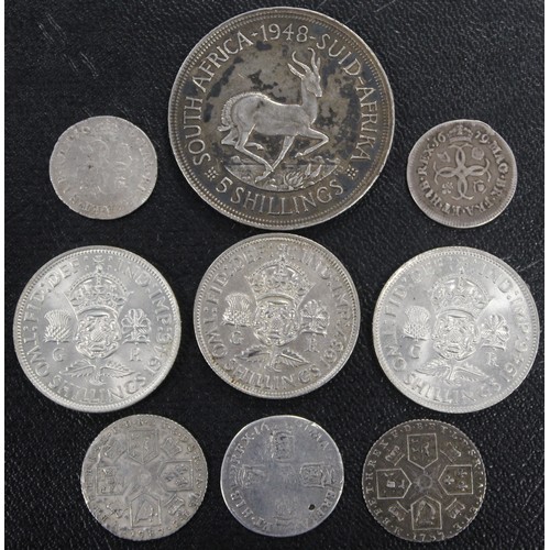 223 - UK & World silver coins (9) to include 1679 fourpence (2), 1787 sixpence (2, both with hearts) a... 