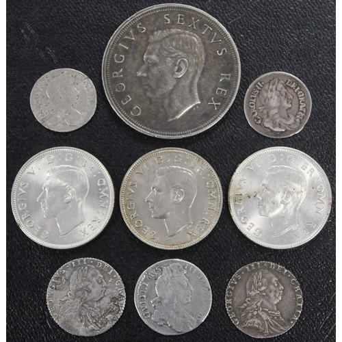 223 - UK & World silver coins (9) to include 1679 fourpence (2), 1787 sixpence (2, both with hearts) a... 