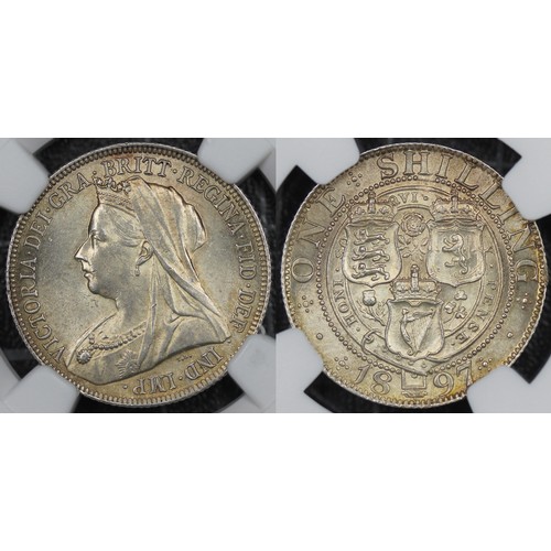 51 - 1897 Shilling, NGC MS63, Victoria. Obv. old veiled head, Rev. three crowned shields of England, Scot... 