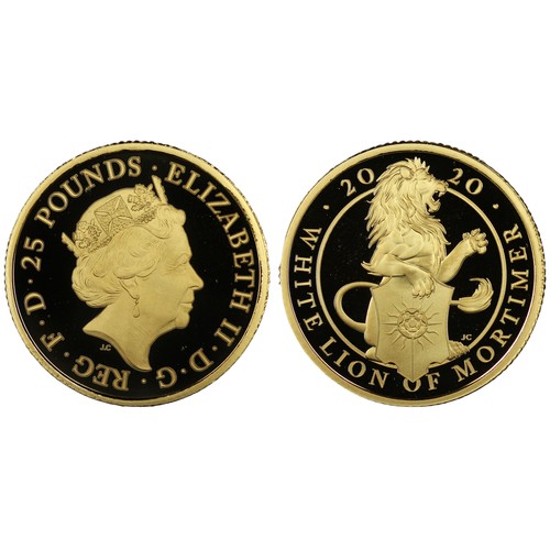 211 - 2020 ¼oz gold proof White Lion of Mortimer £25, Elizabeth II. Part of the Queen's Beasts series, one... 