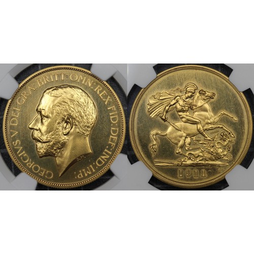 208 - 1911 Gold proof five pounds/5 sovereigns, NGC PF63 CAMEO, George V. The signature piece of the Coron... 