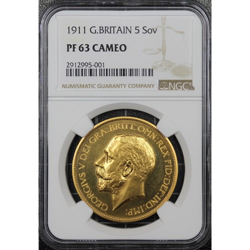 208 - 1911 Gold proof five pounds/5 sovereigns, NGC PF63 CAMEO, George V. The signature piece of the Coron... 