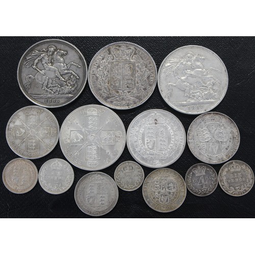 224 - Assorted Victorian silver coins (14) comprising 1845 crown, 1888 crown, 1890 crown, 1887 double flor... 