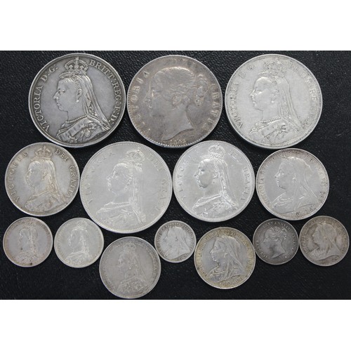 224 - Assorted Victorian silver coins (14) comprising 1845 crown, 1888 crown, 1890 crown, 1887 double flor... 