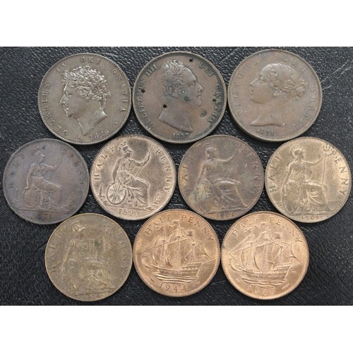 215 - Half penny monarch run, George IV to Elizabeth II comprising 1825, 1837, 1858, 1876H, 1890, 1901, 19... 