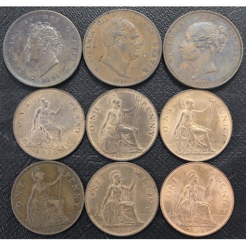 216 - Penny monarch run, George IV to Elizabeth II comprising 1826 (Rev. A), 1831, 1854, 1879, 1901, 1902,... 