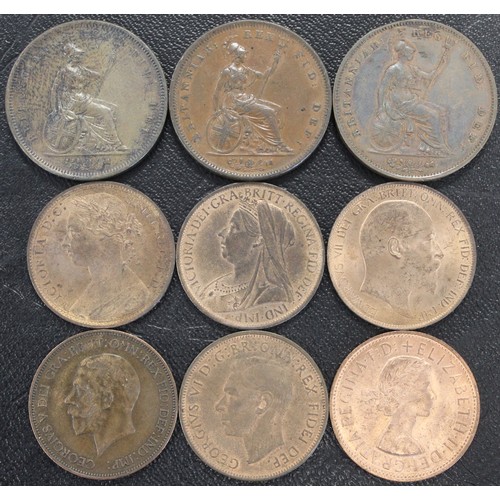 216 - Penny monarch run, George IV to Elizabeth II comprising 1826 (Rev. A), 1831, 1854, 1879, 1901, 1902,... 