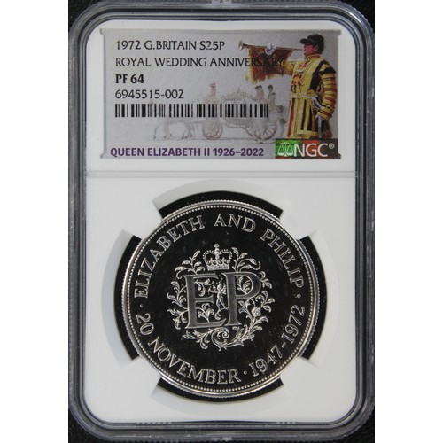 288 - NGC PF64 1972 Crown, Elizabeth II. Struck to commemorate the silver wedding anniversary of Queen Eli... 