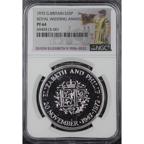 289 - NGC PF64 1972 Crown, Elizabeth II. Struck to commemorate the silver wedding anniversary of Queen Eli... 