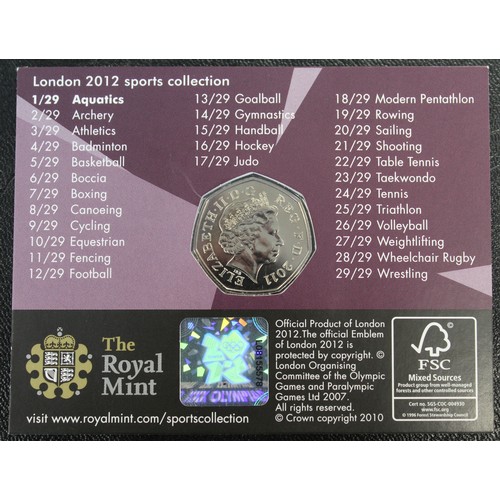 14 - 2011 Aquatics 50p, Elizabeth II. One of a very limited number of coins struck with lines across the ... 