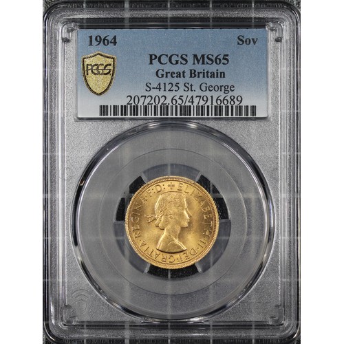 165 - 1964 Sovereign, PCGS MS65, Elizabeth II. Obverse portrait by Mary Gillick. UNC with much lustre. [Ma... 