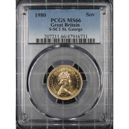 128 - 1980 Sovereign, PCGS MS66, Elizabeth II. Obverse portrait by Arnold Machin. As struck, Choice UNC/nF... 