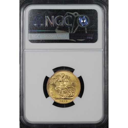 188 - 1918-S Sovereign, NGC MS64, George V. Obv. Bare head, rev. St. George and the Dragon (S on ground be... 