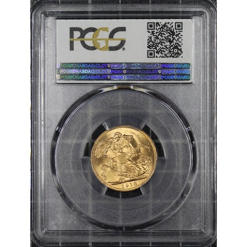 187 - 1918-P Sovereign, PCGS MS63, George V. Obv. Bare head, rev. St. George and the Dragon (P on ground b... 