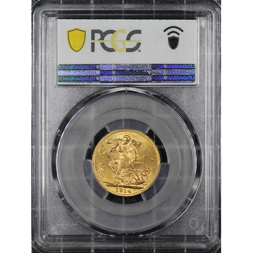 180 - 1914 Sovereign, PCGS MS63, George V. Obv. Bare head, rev. St. George and the Dragon. aUNC with under... 