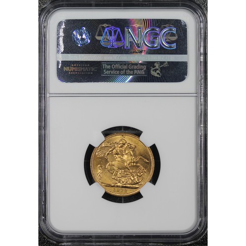 179 - 1912-S Sovereign, NGC MS64, George V. Obv. Bare head, rev. St. George and the Dragon (S on ground be... 