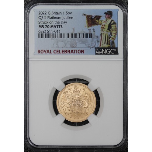 146 - 2022 Strike on the Day Sovereign, NGC MS70 Matte, Elizabeth II. Special Platinum Jubilee reverse by ... 