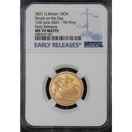 145 - 2021 Strike on the Day Sovereign, NGC MS70 Matte, Elizabeth II. 