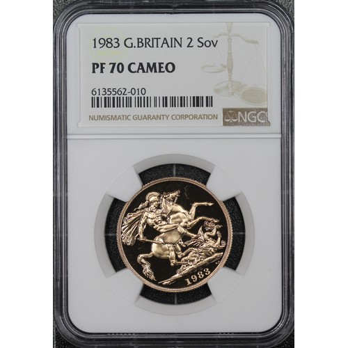 149 - NGC PF70 Cameo 1983 Proof double sovereign/two pounds, Elizabeth II. Obverse portrait by Arnold Mach... 