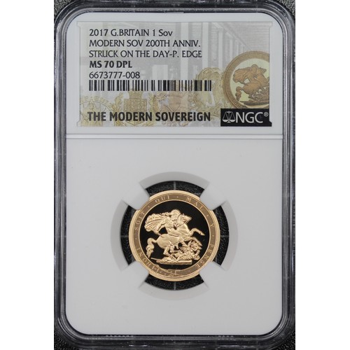 141 - 2017 Strike on the Day sovereign, NGC MS70DPL, Elizabeth II. Struck to uncirculated standard with a ... 