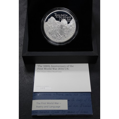 225 - 2016 Silver proof 5oz £10, Elizabeth II. Commemorating the 100th Anniversary of WWI and featuring 