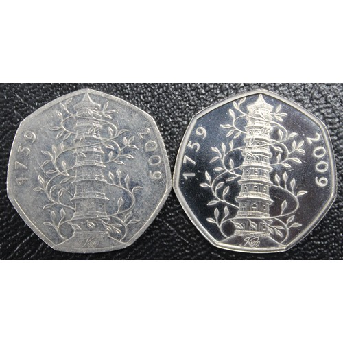 243 - 2009 & 2019 Kew Gardens 50p coins, Elizabeth II. Combining the rarest of the circulation 50p coi... 