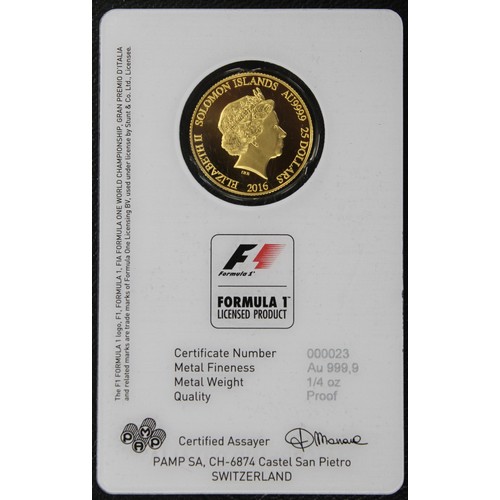 213 - Solomon Islands 2016 ¼oz gold proof $25, Elizabeth II. A Formula 1 licensed edition struck by PAMP S... 