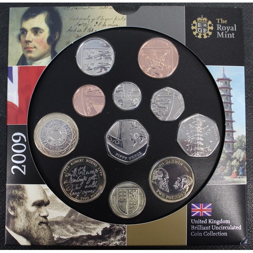 268 - BUNC 2009 10-coin year set featuring the Kew Gardens & set-only shield 50p coins. All as struck.