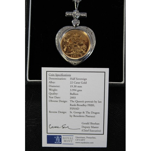 101 - Royal Mint 2003 Coeur d'amour pendant featuring a 2003 half sovereign set in 9ct white gold mount, T... 