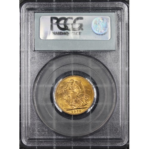 189 - 1920-P Sovereign, PCGS MS63, George V. Obv. Bare head, rev. St. George and the Dragon (P on ground b... 