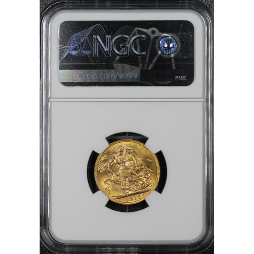 185 - 1917-P Sovereign, NGC MS62, George V. Obv. Bare head, rev. St. George and the Dragon (P on ground be... 